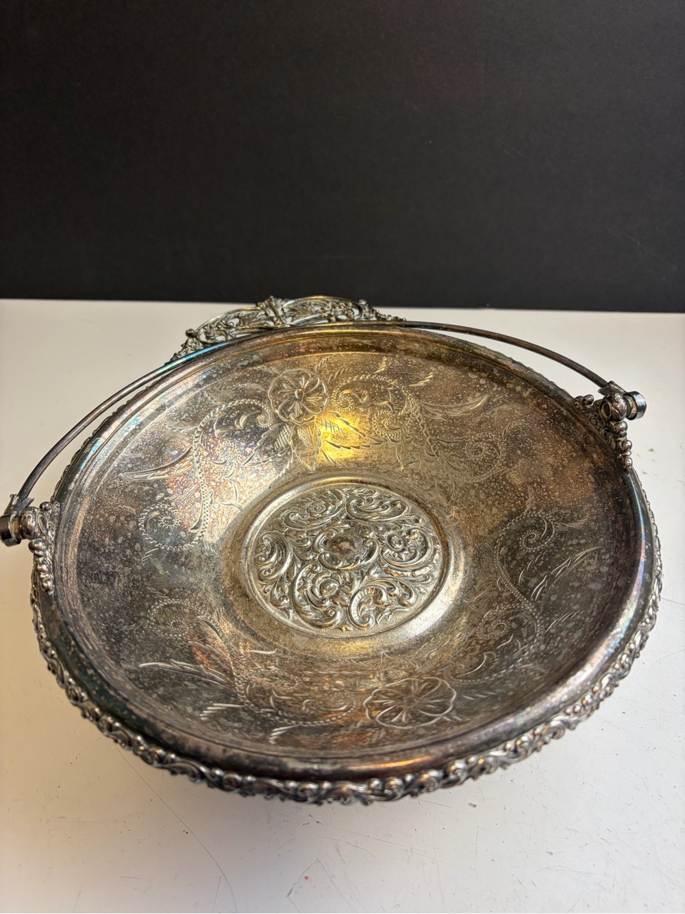 Ornate Silver-Style Decorative Bowl with Handle